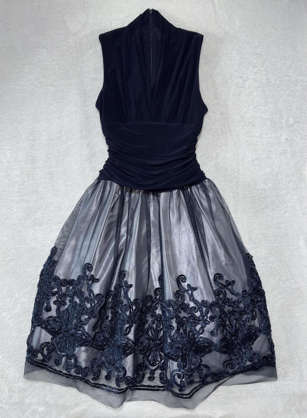 SLNY Dress Womens 2 Navy Blue Embroidered Tulle Fit & Flare Cocktail Party